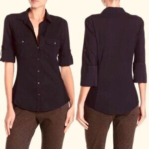 Norma Kamali Contrast Ribbed Button Down Shirt Short Sleeve Black Women's XS